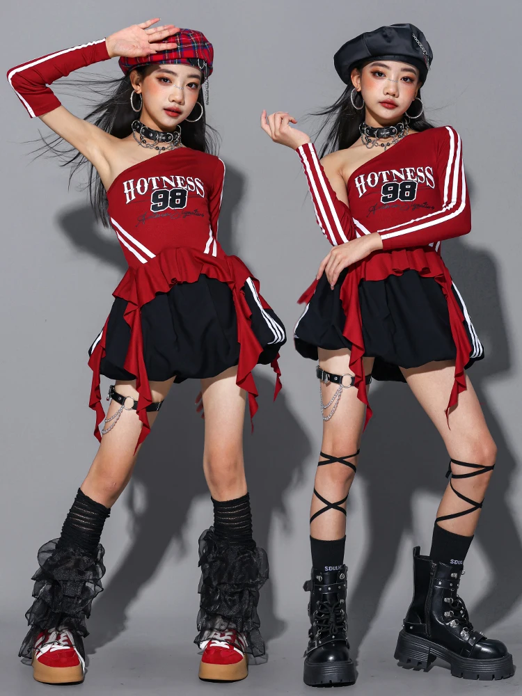 Girls Hip Hop Off Shoulder Crop Top puff Skirts Cargo Pants Child Streetwear Girl Group Costumes Kids K-pop Dance Clothes Sets