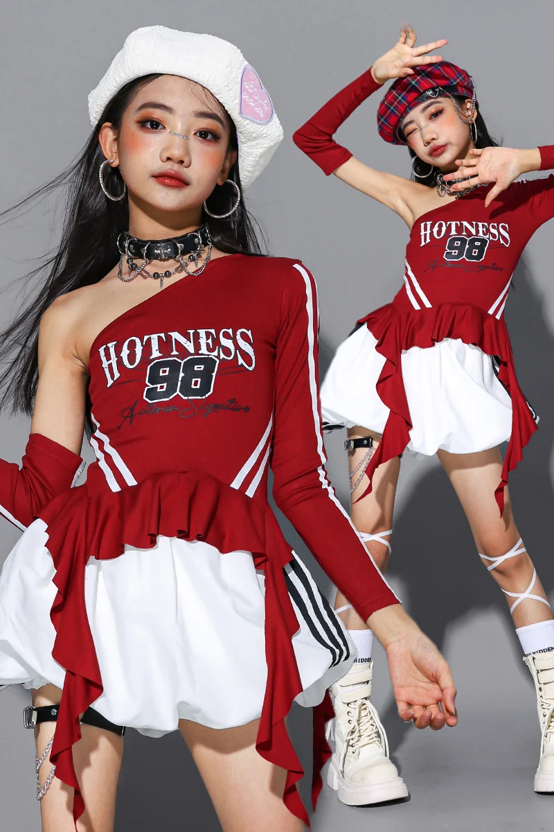 Girls Hip Hop Off Shoulder Crop Top puff Skirts Cargo Pants Child Streetwear Girl Group Costumes Kids K-pop Dance Clothes Sets