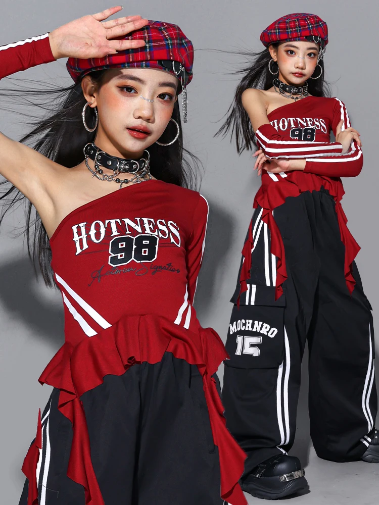 Girls Hip Hop Off Shoulder Crop Top puff Skirts Cargo Pants Child Streetwear Girl Group Costumes Kids K-pop Dance Clothes Sets