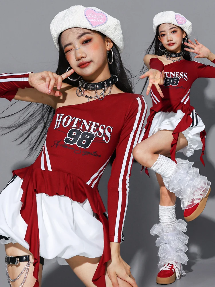 Girls Hip Hop Off Shoulder Crop Top puff Skirts Cargo Pants Child Streetwear Girl Group Costumes Kids K-pop Dance Clothes Sets