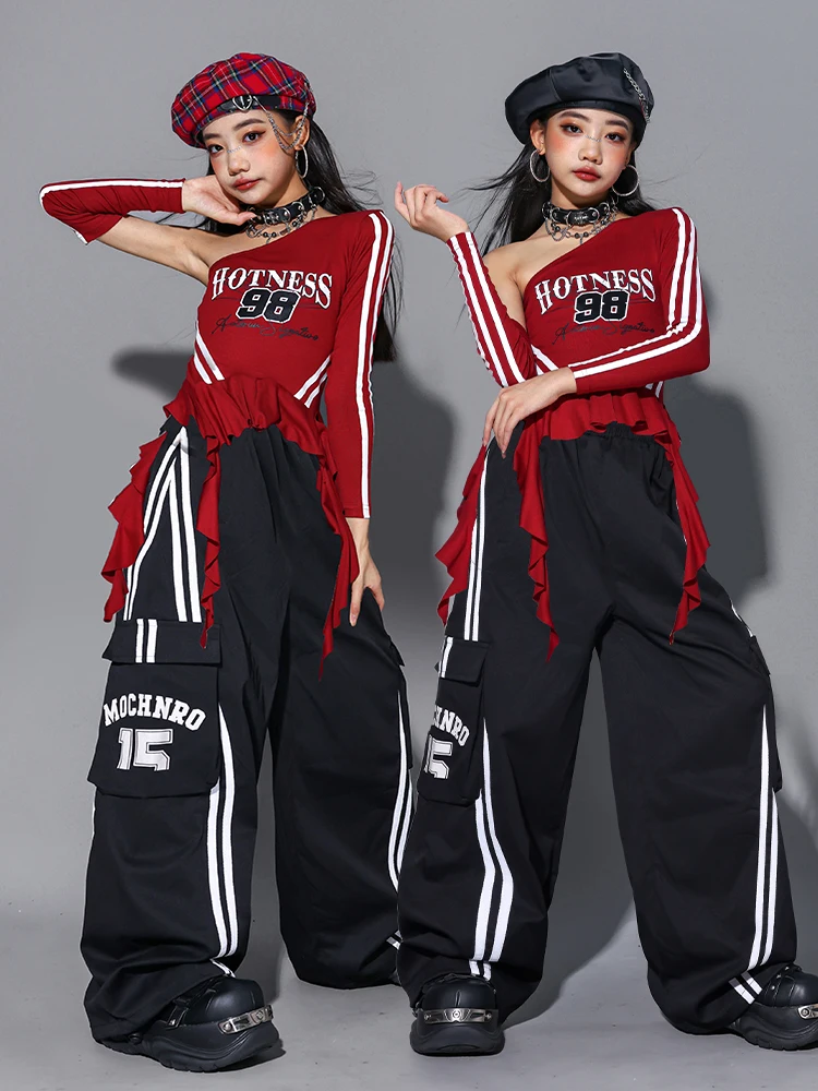 Girls Hip Hop Off Shoulder Crop Top puff Skirts Cargo Pants Child Streetwear Girl Group Costumes Kids K-pop Dance Clothes Sets
