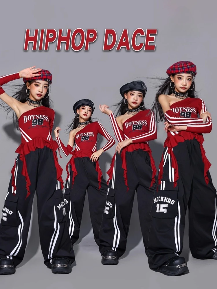 Girls Hip Hop Off Shoulder Crop Top puff Skirts Cargo Pants Child Streetwear Girl Group Costumes Kids K-pop Dance Clothes Sets