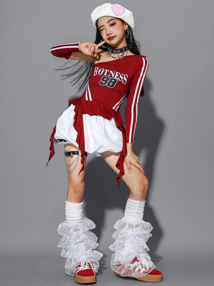 Girls Hip Hop Off Shoulder Crop Top puff Skirts Cargo Pants Child Streetwear Girl Group Costumes Kids K-pop Dance Clothes Sets