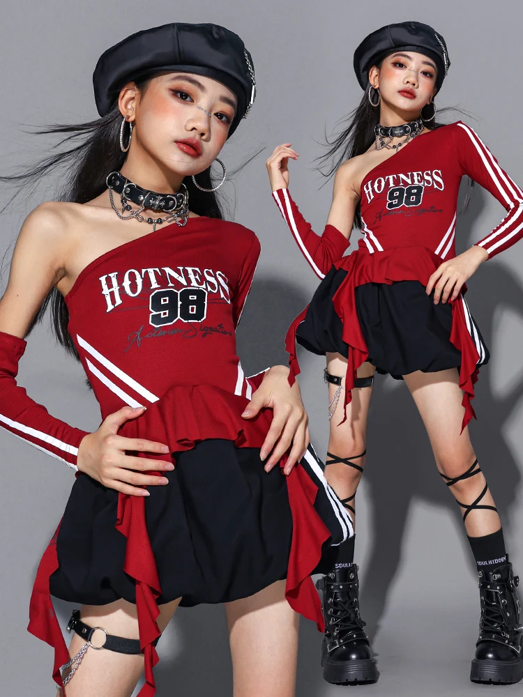Girls Hip Hop Off Shoulder Crop Top puff Skirts Cargo Pants Child Streetwear Girl Group Costumes Kids K-pop Dance Clothes Sets