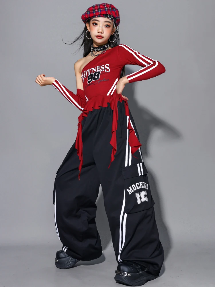 Girls Hip Hop Off Shoulder Crop Top puff Skirts Cargo Pants Child Streetwear Girl Group Costumes Kids K-pop Dance Clothes Sets