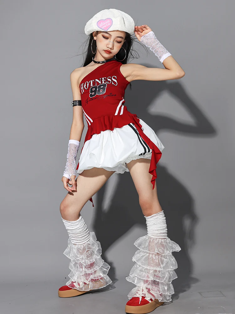 Girls Hip Hop Off Shoulder Crop Top puff Skirts Cargo Pants Child Streetwear Girl Group Costumes Kids K-pop Dance Clothes Sets