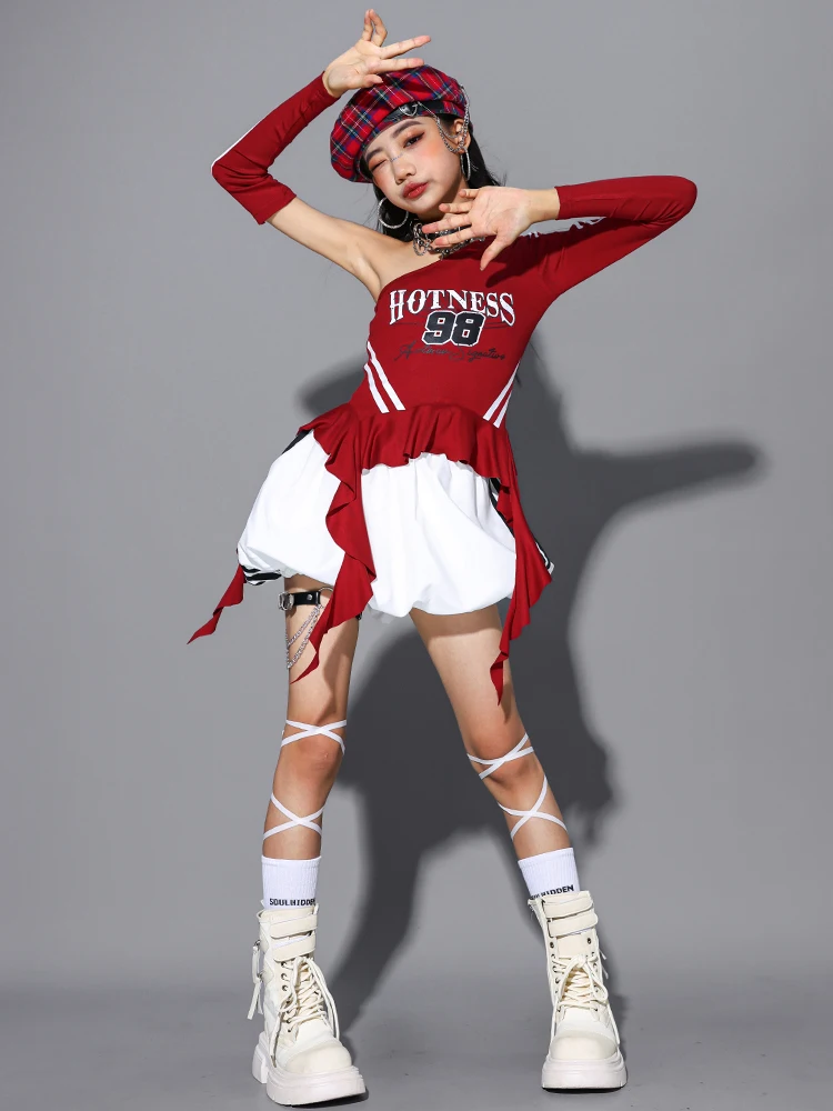 Girls Hip Hop Off Shoulder Crop Top puff Skirts Cargo Pants Child Streetwear Girl Group Costumes Kids K-pop Dance Clothes Sets