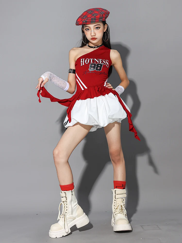 Girls Hip Hop Off Shoulder Crop Top puff Skirts Cargo Pants Child Streetwear Girl Group Costumes Kids K-pop Dance Clothes Sets