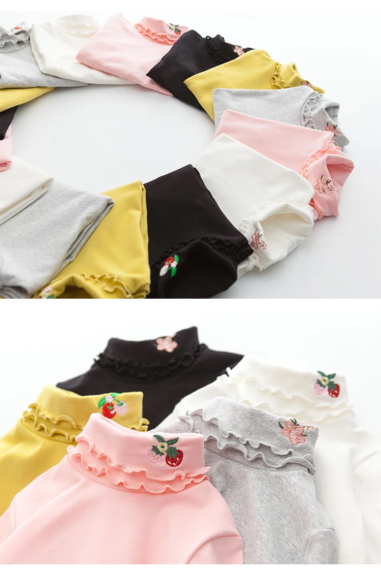 Girls Spring Autumn Turtleneck Embroidery Flower Long Sleeve T-shirt Baby Kids Children Tee