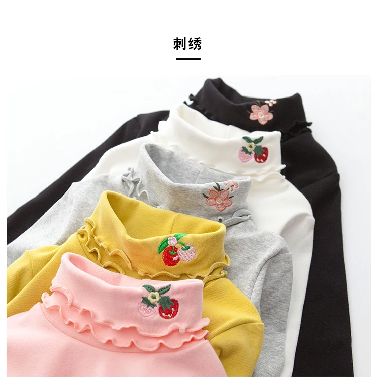 Girls Spring Autumn Turtleneck Embroidery Flower Long Sleeve T-shirt Baby Kids Children Tee