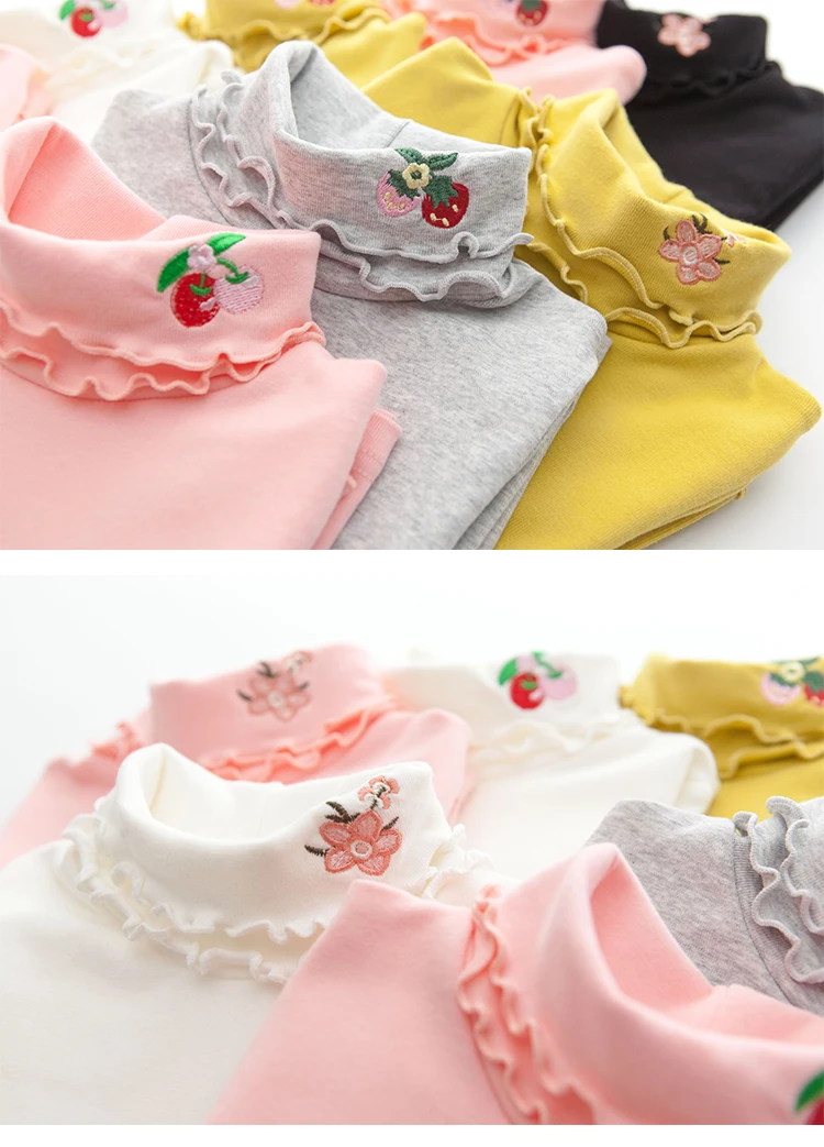 Girls Spring Autumn Turtleneck Embroidery Flower Long Sleeve T-shirt Baby Kids Children Tee