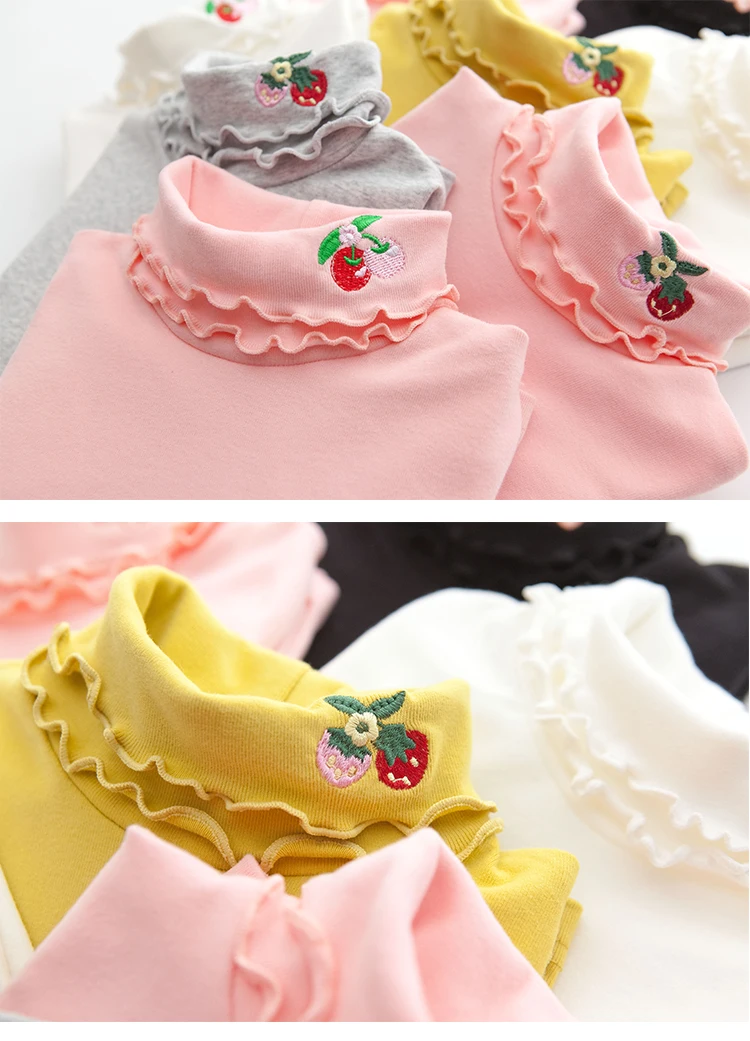 Girls Spring Autumn Turtleneck Embroidery Flower Long Sleeve T-shirt Baby Kids Children Tee