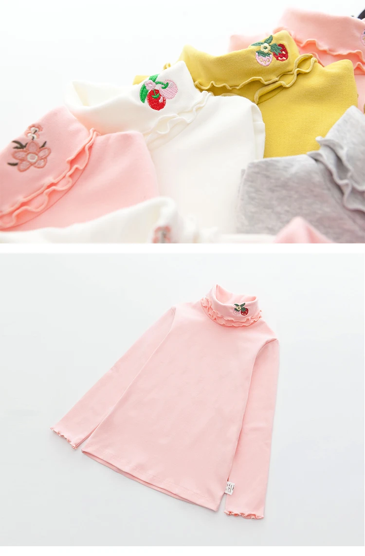 Girls Spring Autumn Turtleneck Embroidery Flower Long Sleeve T-shirt Baby Kids Children Tee