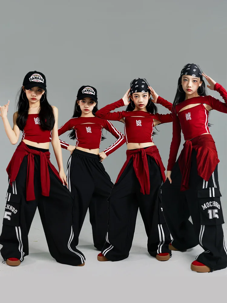 Girls K-pop Crop Top Joggers Cargo Pants Children Hip Hop Streetwear Girl Group Clothes Sets Kids Street Dance Jazz Costumes