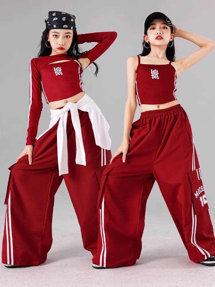 Girls K-pop Crop Top Joggers Cargo Pants Children Hip Hop Streetwear Girl Group Clothes Sets Kids Street Dance Jazz Costumes