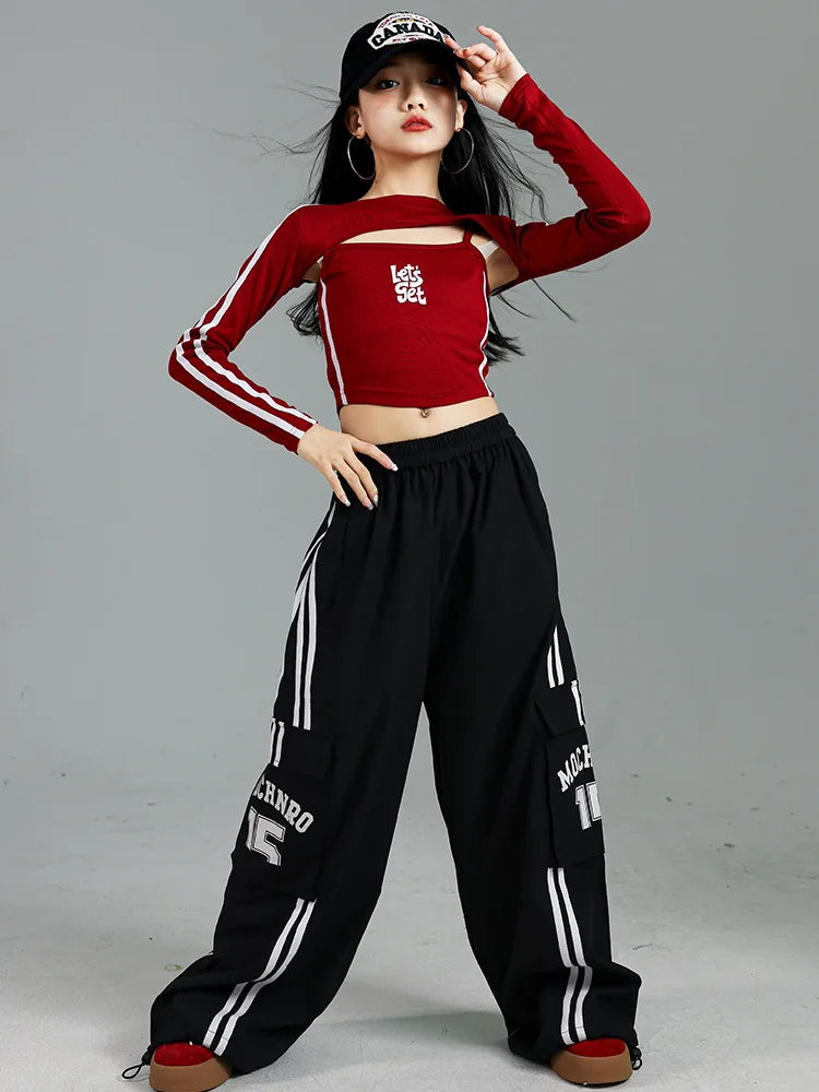 Girls K-pop Crop Top Joggers Cargo Pants Children Hip Hop Streetwear Girl Group Clothes Sets Kids Street Dance Jazz Costumes