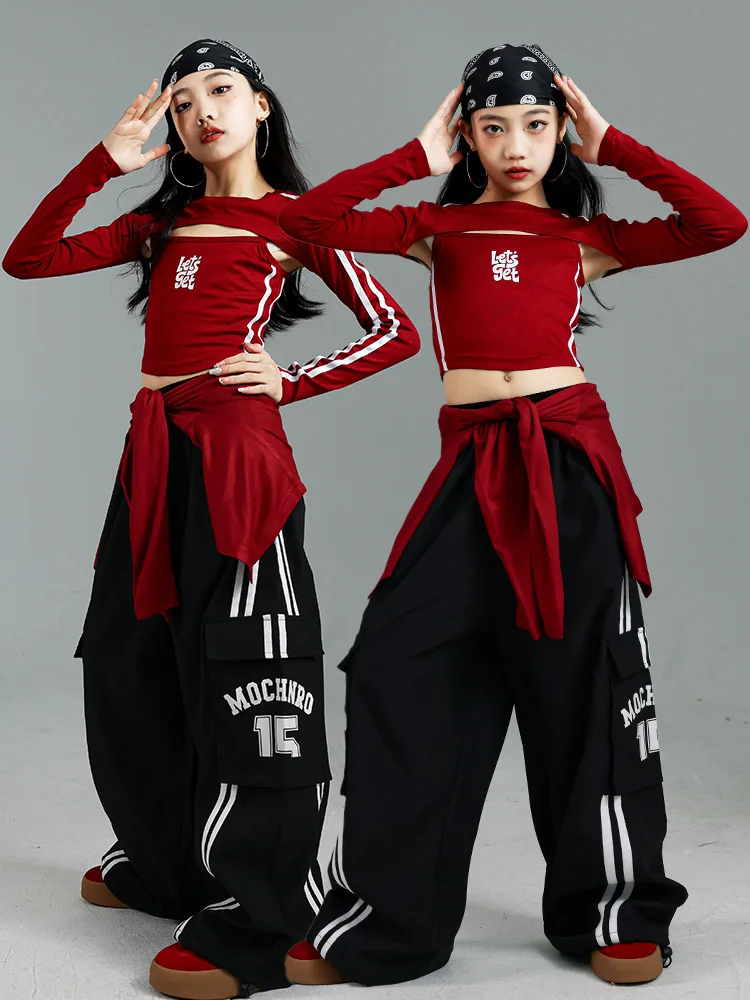Girls K-pop Crop Top Joggers Cargo Pants Children Hip Hop Streetwear Girl Group Clothes Sets Kids Street Dance Jazz Costumes