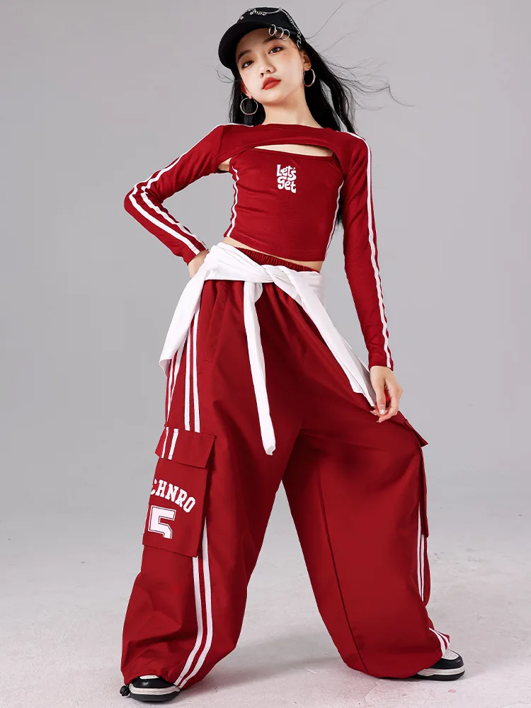 Girls K-pop Crop Top Joggers Cargo Pants Children Hip Hop Streetwear Girl Group Clothes Sets Kids Street Dance Jazz Costumes