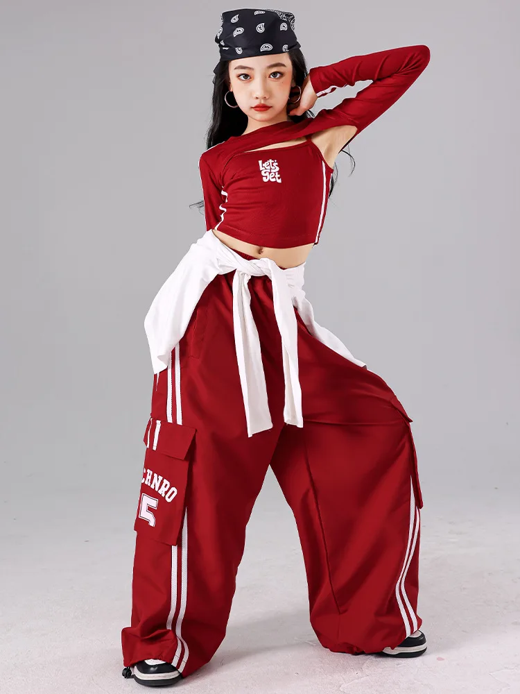 Girls K-pop Crop Top Joggers Cargo Pants Children Hip Hop Streetwear Girl Group Clothes Sets Kids Street Dance Jazz Costumes