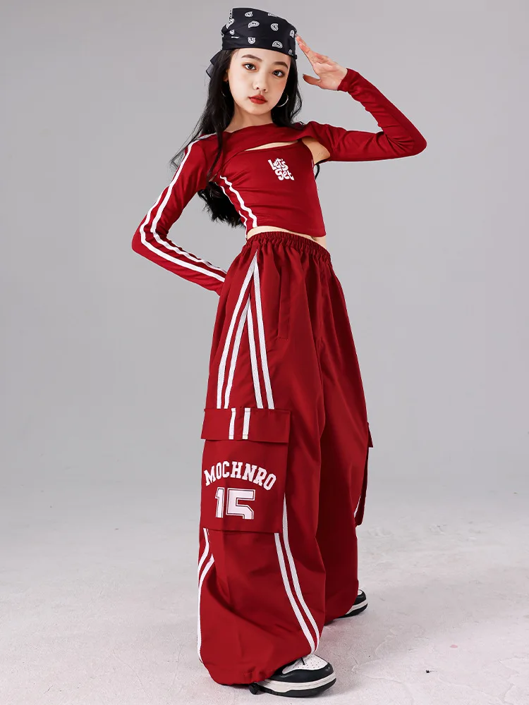 Girls K-pop Crop Top Joggers Cargo Pants Children Hip Hop Streetwear Girl Group Clothes Sets Kids Street Dance Jazz Costumes