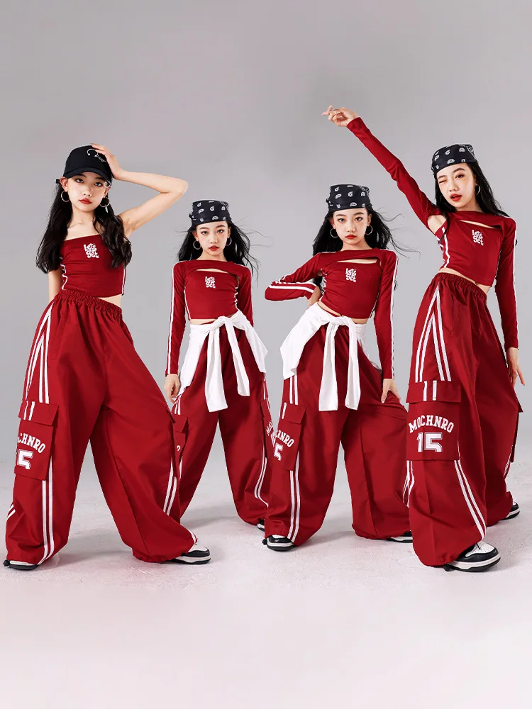 Girls K-pop Crop Top Joggers Cargo Pants Children Hip Hop Streetwear Girl Group Clothes Sets Kids Street Dance Jazz Costumes