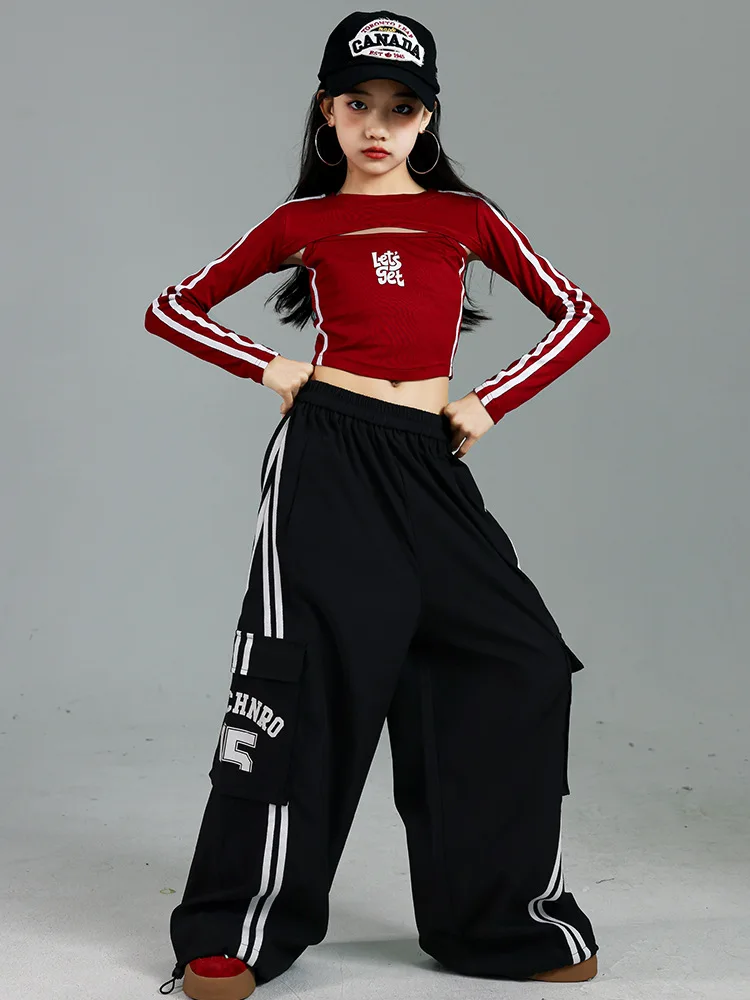 Girls K-pop Crop Top Joggers Cargo Pants Children Hip Hop Streetwear Girl Group Clothes Sets Kids Street Dance Jazz Costumes