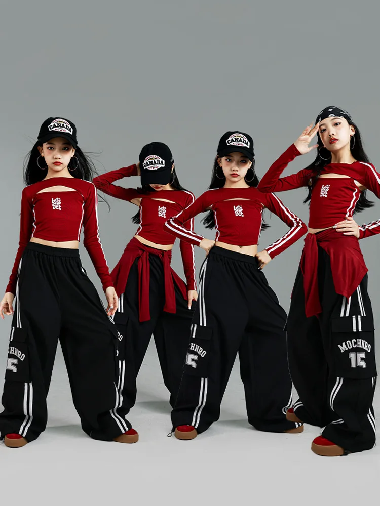 Girls K-pop Crop Top Joggers Cargo Pants Children Hip Hop Streetwear Girl Group Clothes Sets Kids Street Dance Jazz Costumes