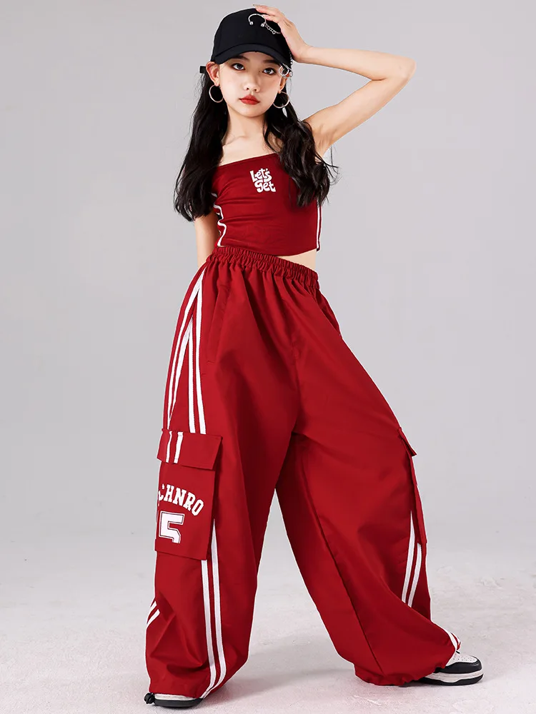 Girls K-pop Crop Top Joggers Cargo Pants Children Hip Hop Streetwear Girl Group Clothes Sets Kids Street Dance Jazz Costumes