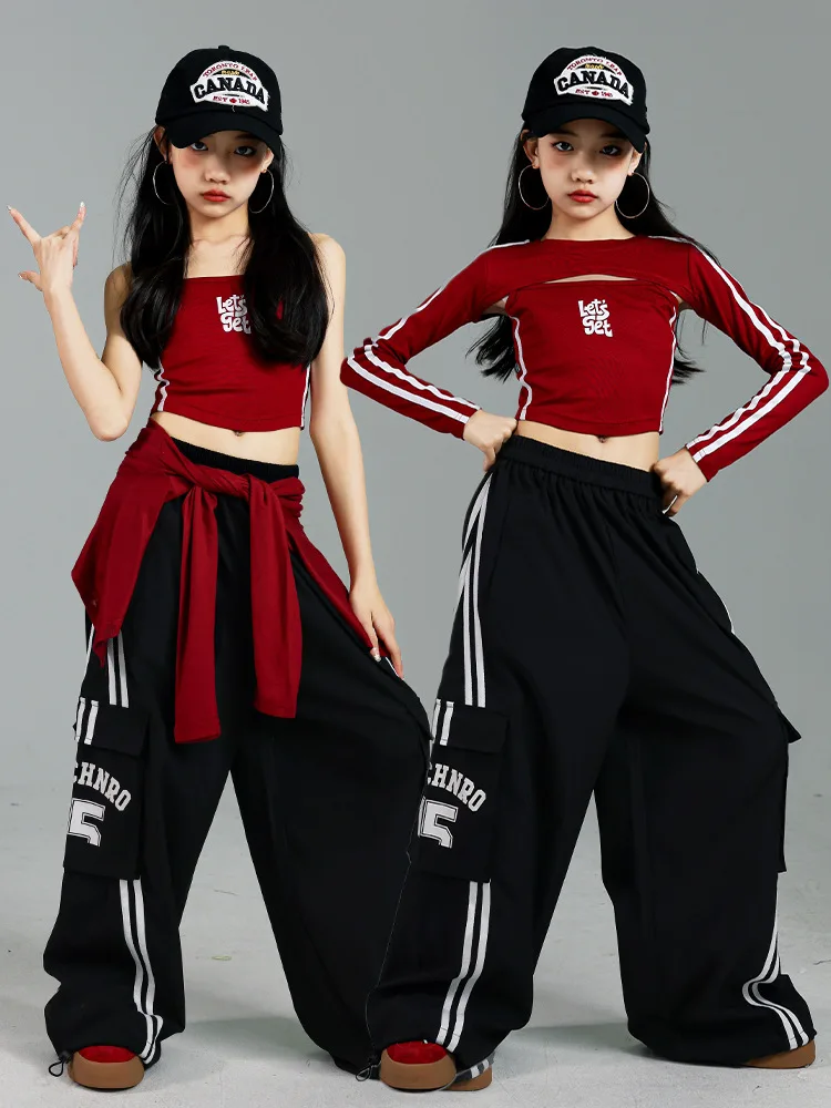 Girls K-pop Crop Top Joggers Cargo Pants Children Hip Hop Streetwear Girl Group Clothes Sets Kids Street Dance Jazz Costumes