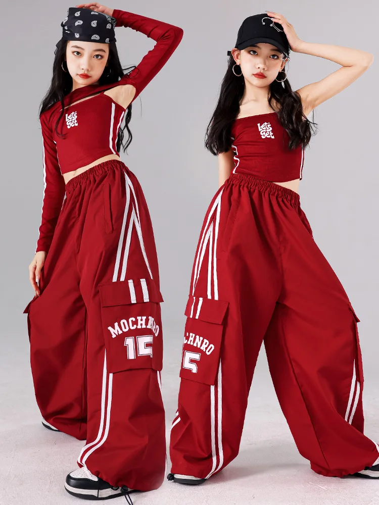 Girls K-pop Crop Top Joggers Cargo Pants Children Hip Hop Streetwear Girl Group Clothes Sets Kids Street Dance Jazz Costumes