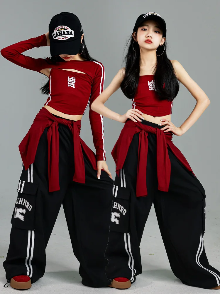 Girls K-pop Crop Top Joggers Cargo Pants Children Hip Hop Streetwear Girl Group Clothes Sets Kids Street Dance Jazz Costumes