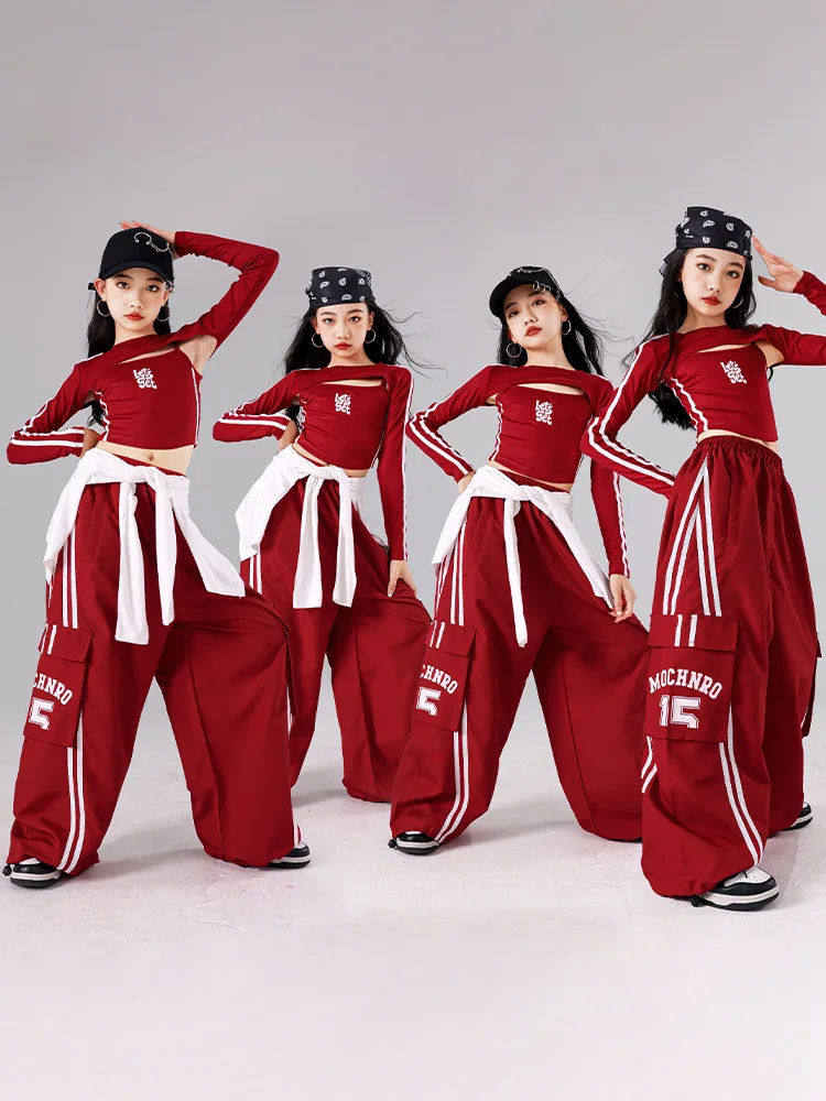 Girls K-pop Crop Top Joggers Cargo Pants Children Hip Hop Streetwear Girl Group Clothes Sets Kids Street Dance Jazz Costumes