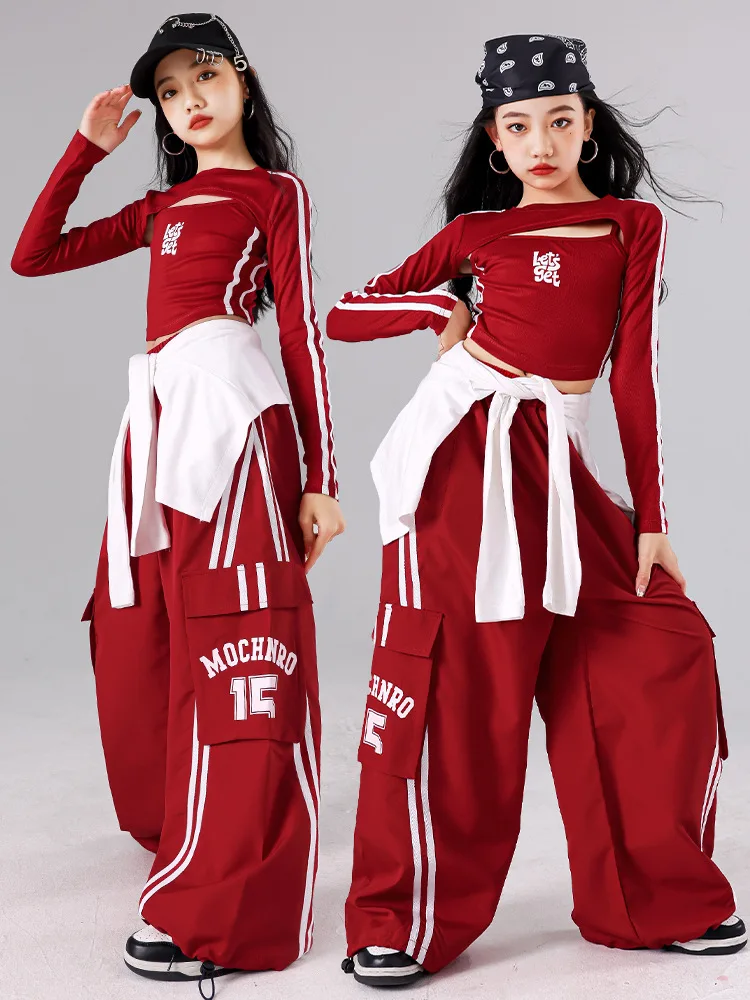 Girls K-pop Crop Top Joggers Cargo Pants Children Hip Hop Streetwear Girl Group Clothes Sets Kids Street Dance Jazz Costumes