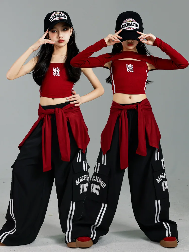 Girls K-pop Crop Top Joggers Cargo Pants Children Hip Hop Streetwear Girl Group Clothes Sets Kids Street Dance Jazz Costumes