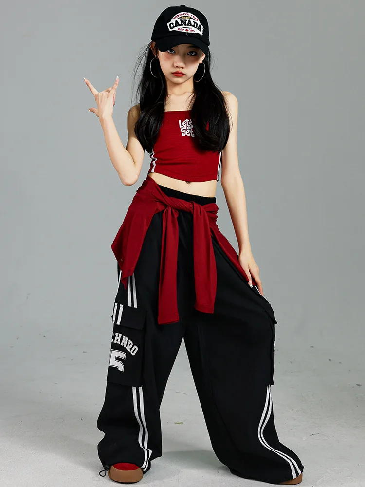 Girls K-pop Crop Top Joggers Cargo Pants Children Hip Hop Streetwear Girl Group Clothes Sets Kids Street Dance Jazz Costumes