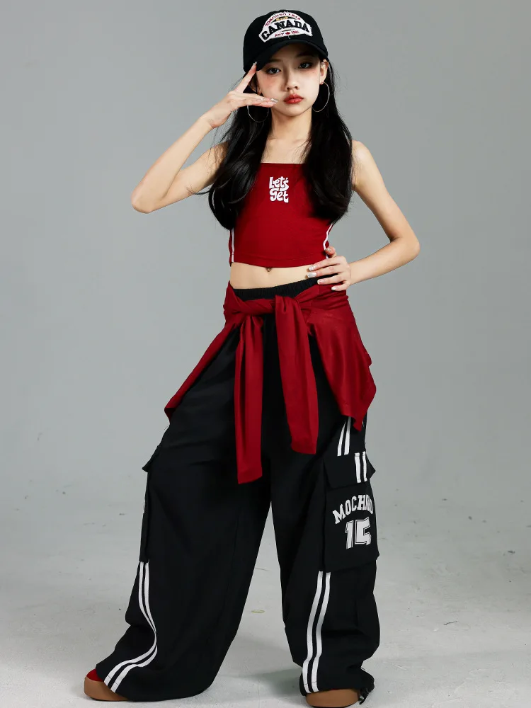Girls K-pop Crop Top Joggers Cargo Pants Children Hip Hop Streetwear Girl Group Clothes Sets Kids Street Dance Jazz Costumes