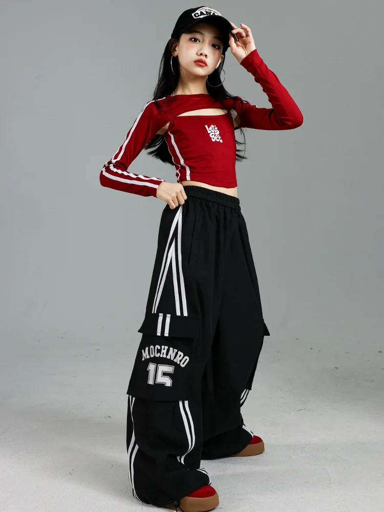 Girls K-pop Crop Top Joggers Cargo Pants Children Hip Hop Streetwear Girl Group Clothes Sets Kids Street Dance Jazz Costumes