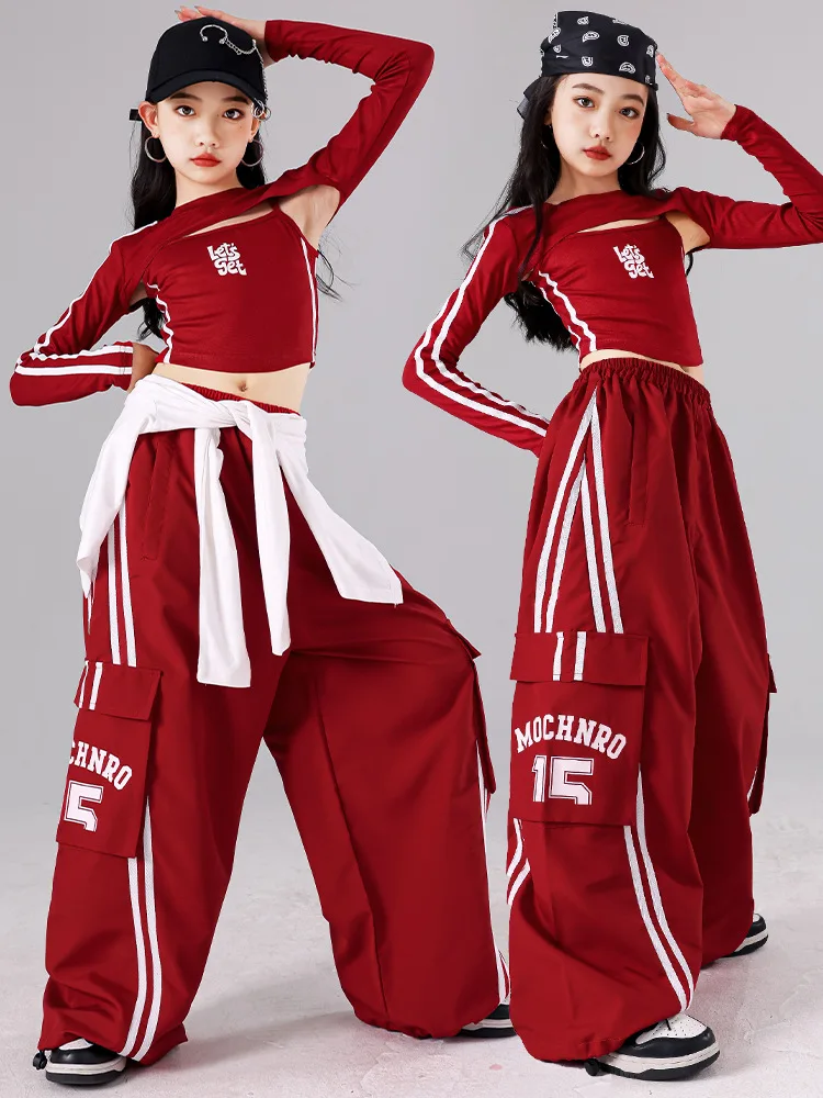 Girls K-pop Crop Top Joggers Cargo Pants Children Hip Hop Streetwear Girl Group Clothes Sets Kids Street Dance Jazz Costumes
