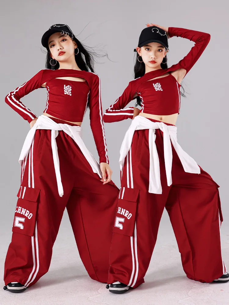 Girls K-pop Crop Top Joggers Cargo Pants Children Hip Hop Streetwear Girl Group Clothes Sets Kids Street Dance Jazz Costumes