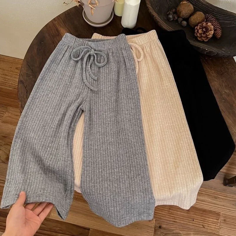 Spring Autumn Girls Solid Color Korean Casual Pants Fashion Children Elastic Wide Leg Pant Simple Versatile Baby Trousers