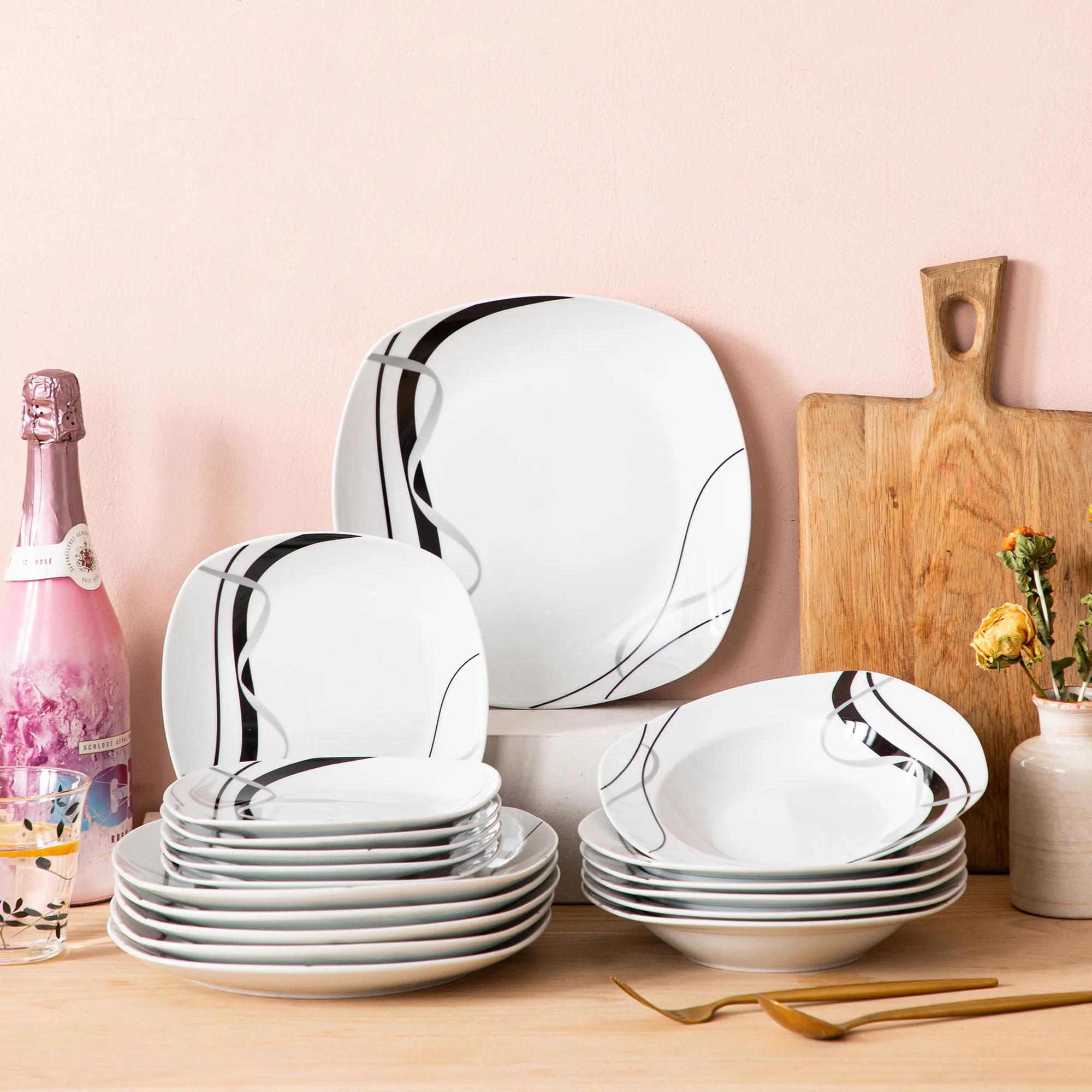 VEWEET FIONA 18/36-Piece Porcelain Ceramic Black Line Kitchen Tableware Dishes Plate Set with Dinner Plate,Dessert,Soup Plate