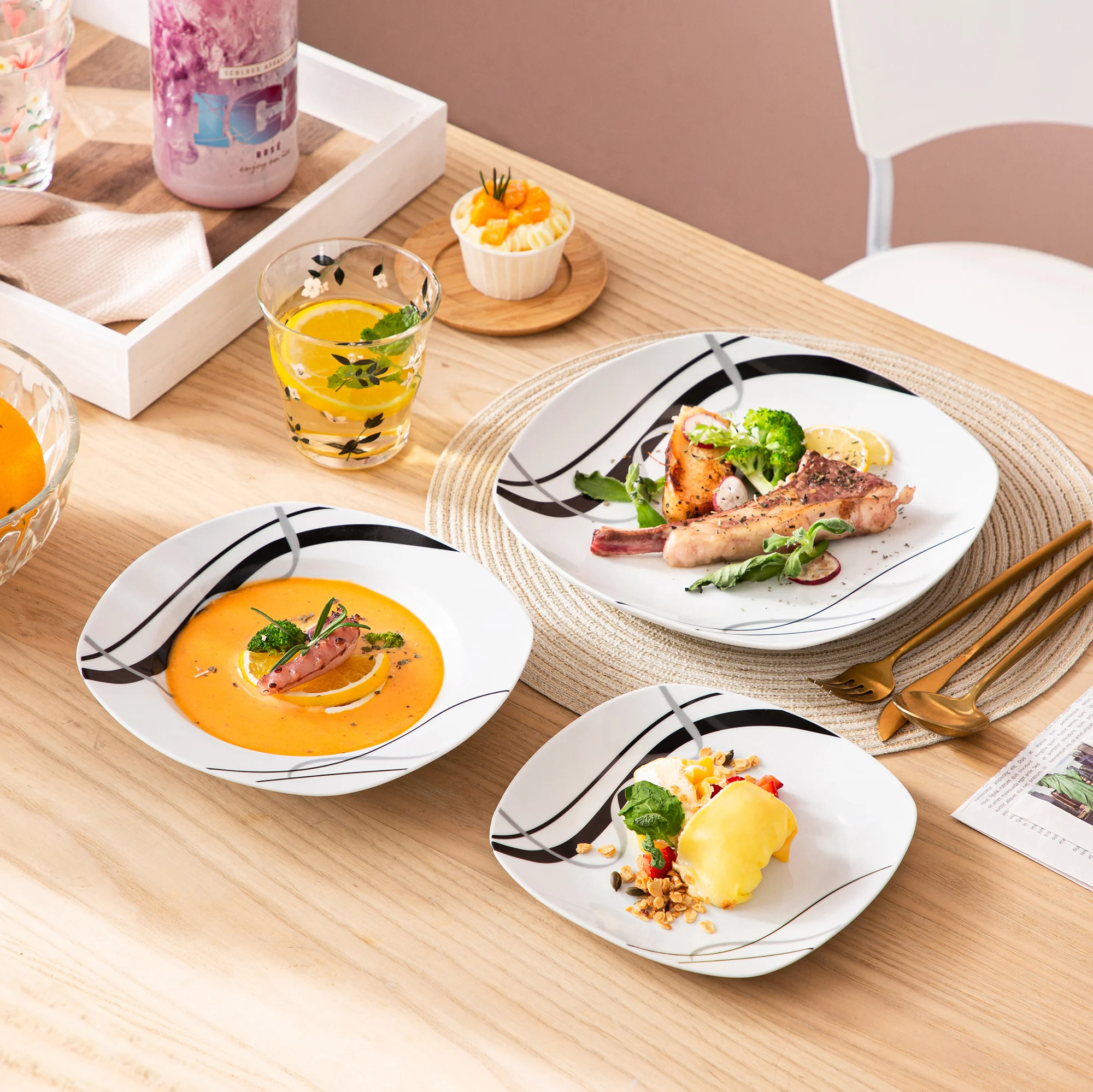 VEWEET FIONA 18/36-Piece Porcelain Ceramic Black Line Kitchen Tableware Dishes Plate Set with Dinner Plate,Dessert,Soup Plate