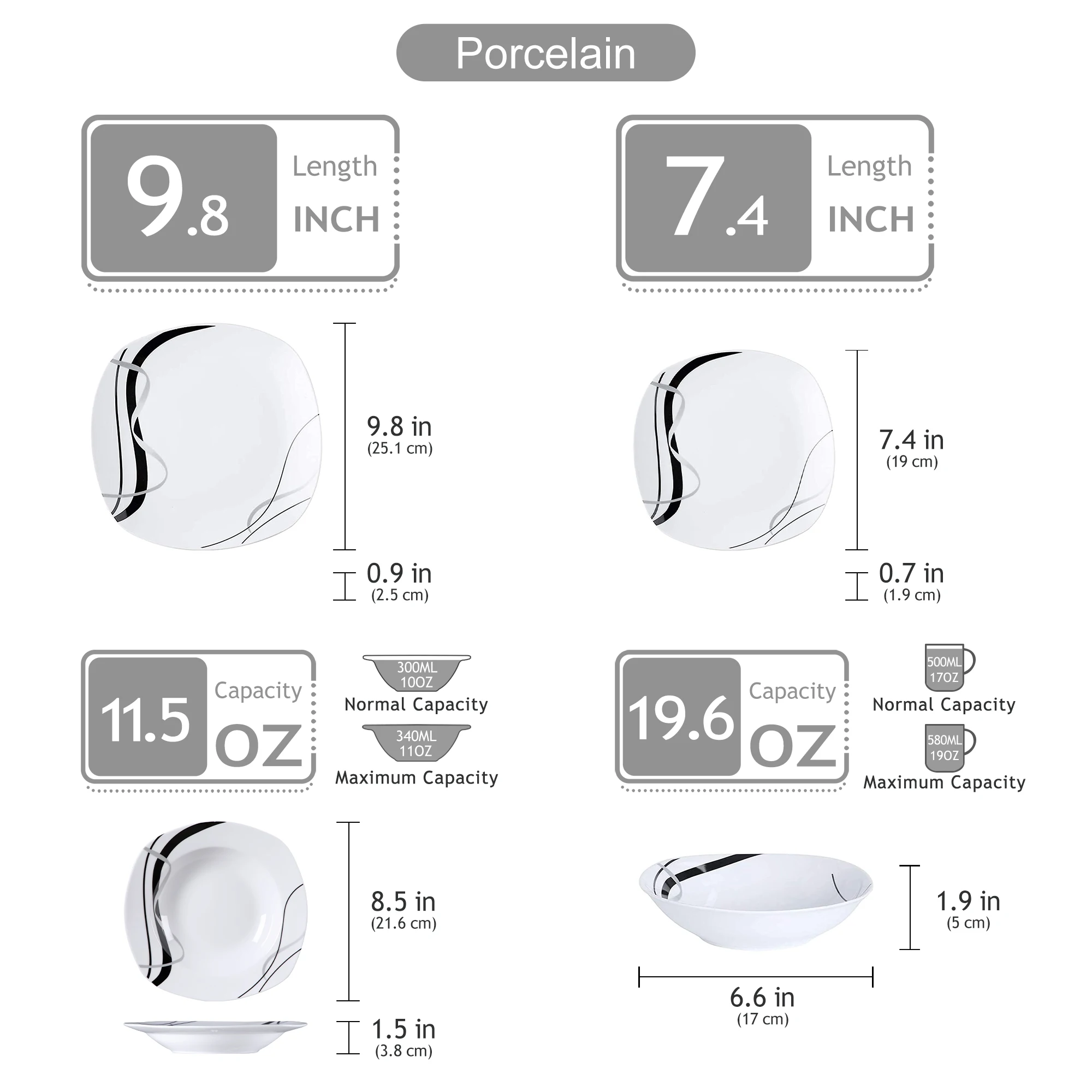 VEWEET FIONA 18/36-Piece Porcelain Ceramic Black Line Kitchen Tableware Dishes Plate Set with Dinner Plate,Dessert,Soup Plate