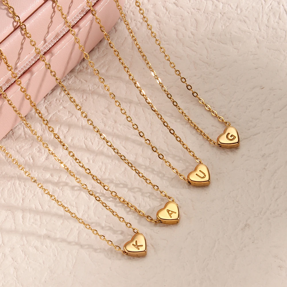E.B.belle Minimalist Small Love Initial Necklace Jewelry Stainless Steel 18k Gold Plated Mini Heart Letter Pendant Necklace