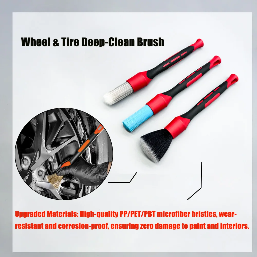 AUTOBRIGHT New Car Wash Brush Tire Cleaning Crevice 3 Piece Brush Set Air Vents Super Soft Bristle Interior Detail Brush
