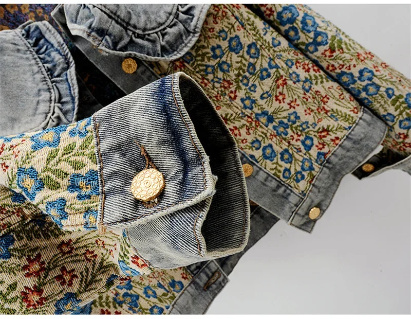 Spring Autumn Jacquard Embroidery Denim Jacket Women Loose Short Cowboy Outerwear Casual Peter Pan Collar Jeans Jacket Female