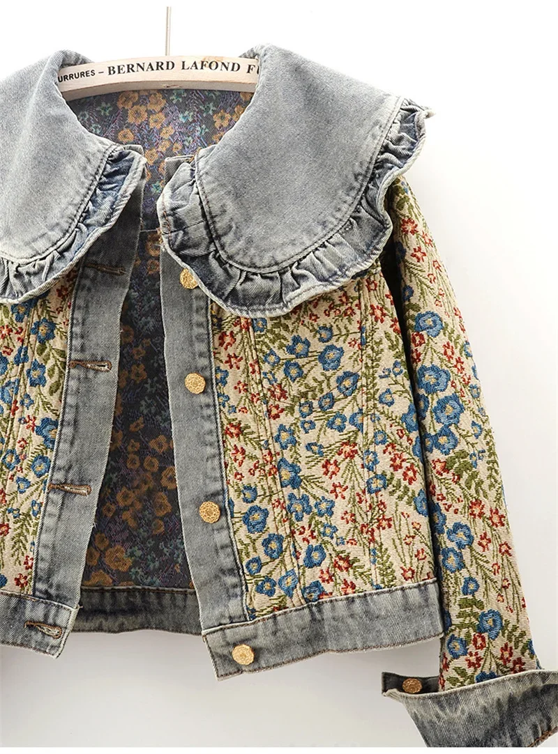 Spring Autumn Jacquard Embroidery Denim Jacket Women Loose Short Cowboy Outerwear Casual Peter Pan Collar Jeans Jacket Female