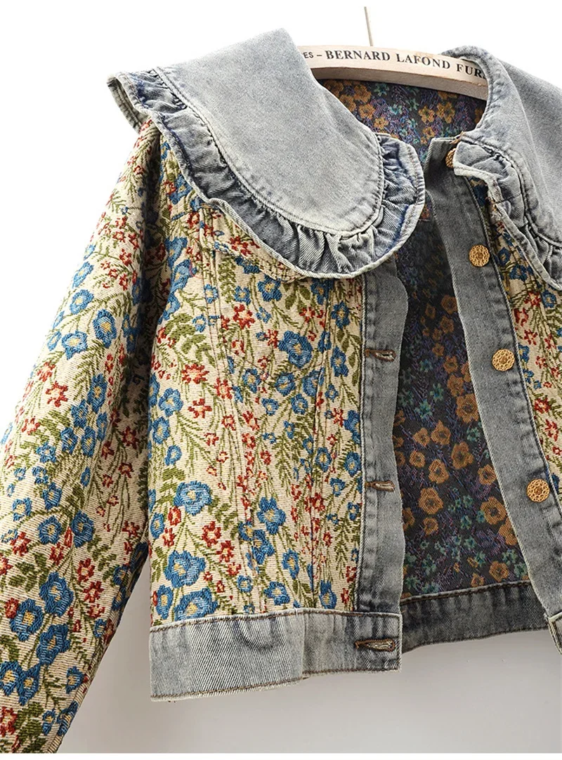 Spring Autumn Jacquard Embroidery Denim Jacket Women Loose Short Cowboy Outerwear Casual Peter Pan Collar Jeans Jacket Female