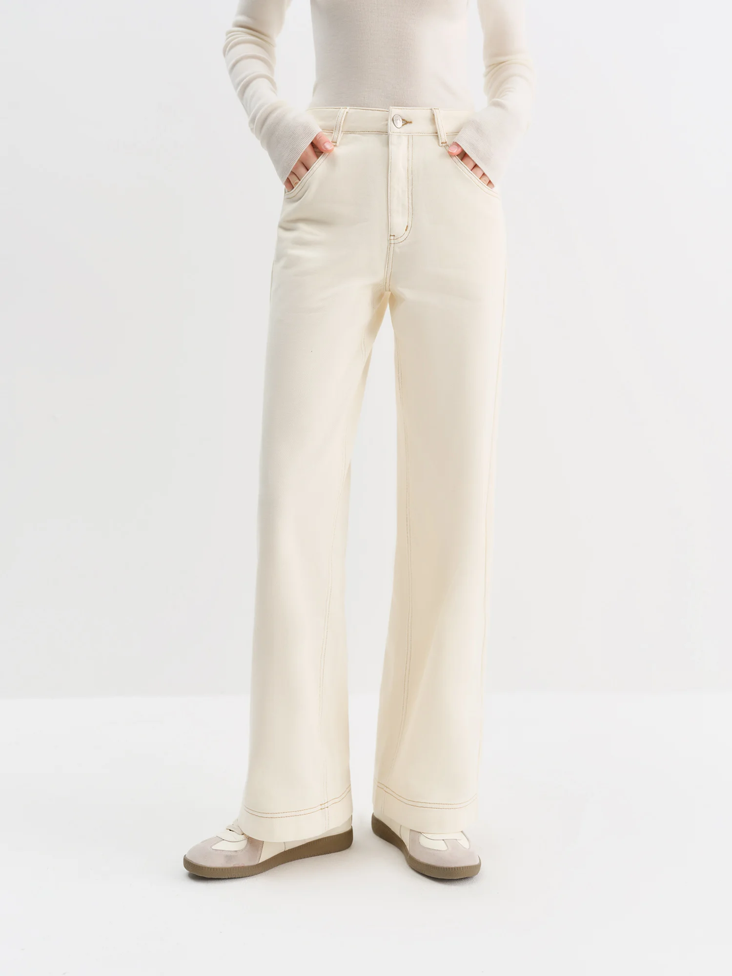 FSLE Straight High Waist Jeans for Women Winter Solid Simple All-match 2025 New Long and Short Versatile Pants Korean Style