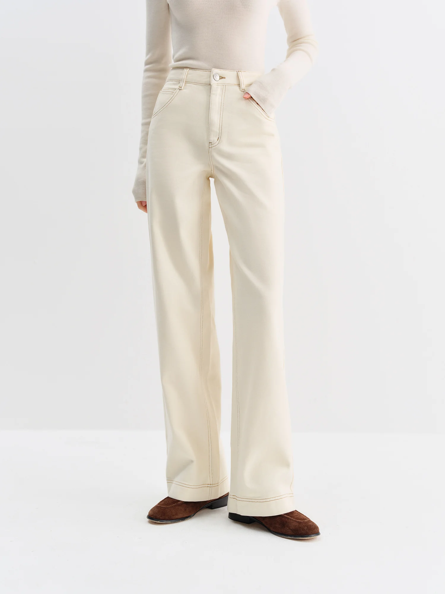 FSLE Straight High Waist Jeans for Women Winter Solid Simple All-match 2025 New Long and Short Versatile Pants Korean Style